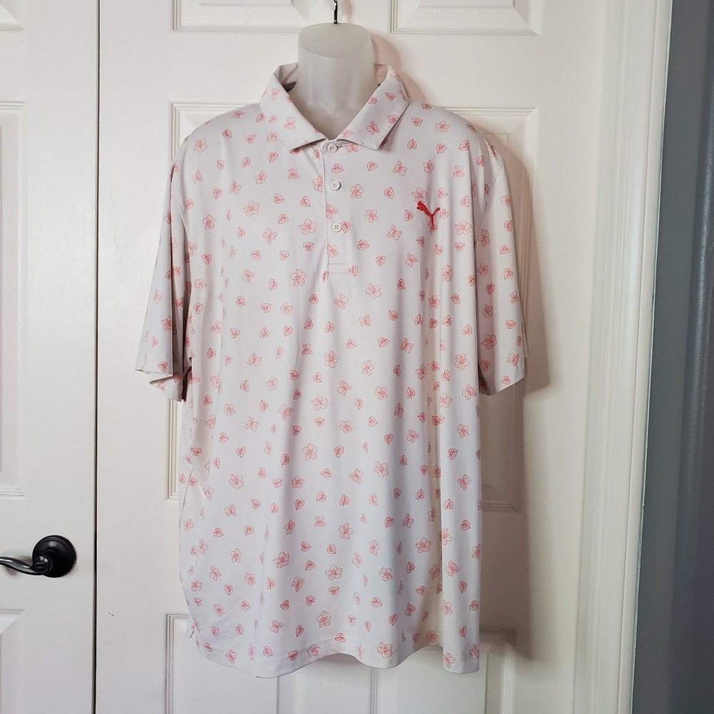 Puma MATTR Spring Golf Polo White Floral Henley Sport Casual Comfort Logo XXL